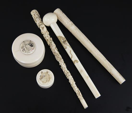 Three Japanese ivory parasol handles and two small boxes and covers, early 20th century, 3.5cm - 23.7cm
